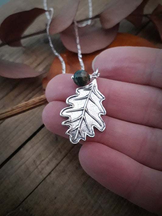 Big Oak Leaf with Moss Agate Silver Necklace