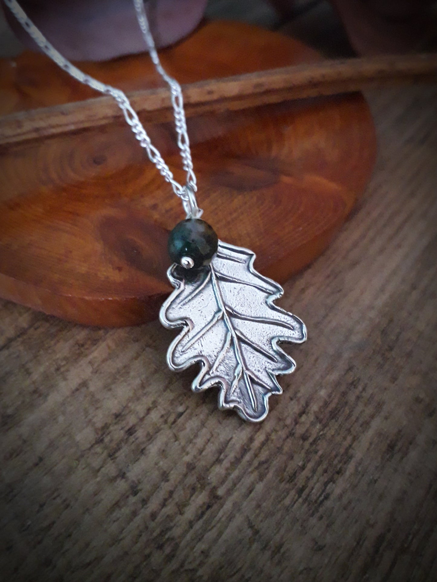 Big Oak Leaf with Moss Agate Silver Necklace