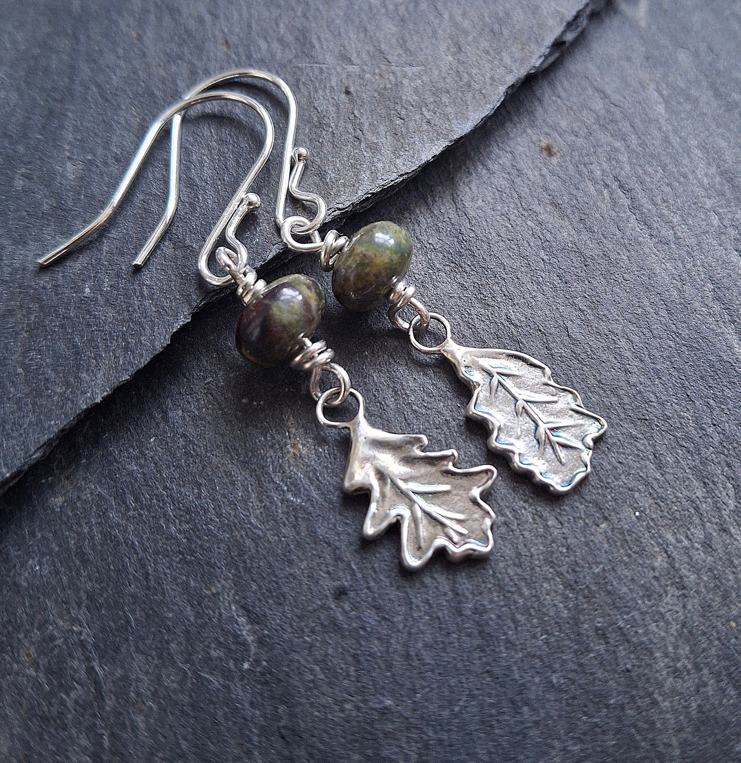 Mismatched Oak Leaves - Silver and Dragon Blood Stone Earrings