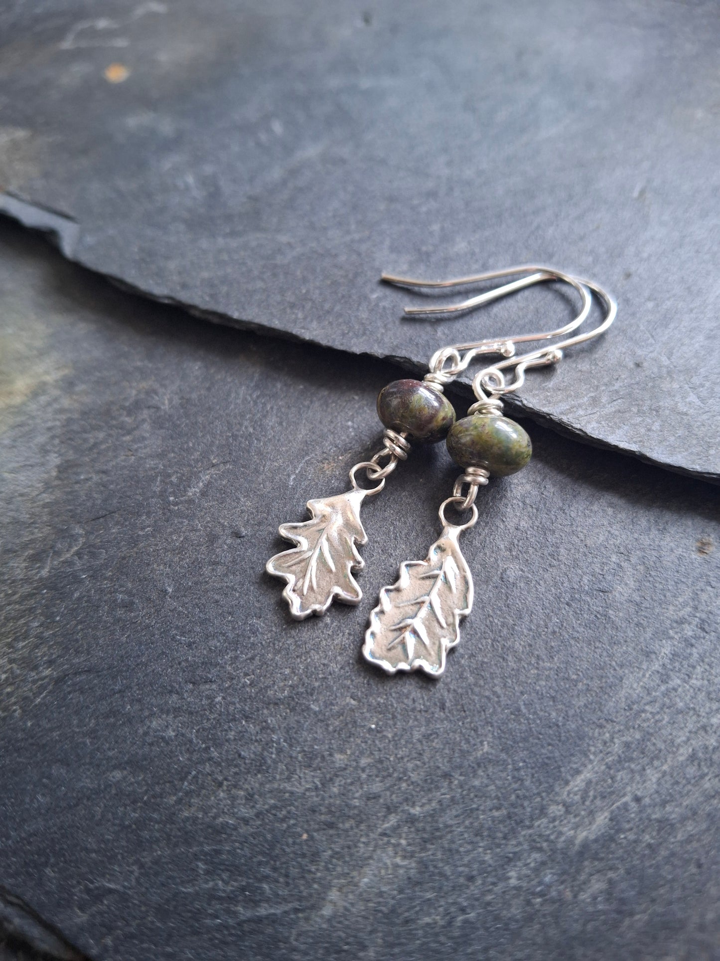 Mismatched Oak Leaves - Silver and Dragon Blood Stone Earrings