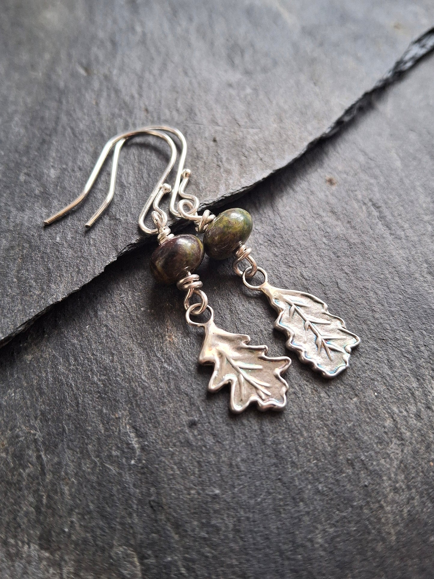 Mismatched Oak Leaves - Silver and Dragon Blood Stone Earrings