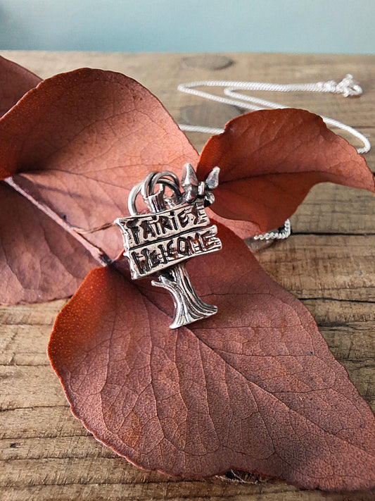 Fairy Sign Charm Silver Necklace, Fairies Welcome