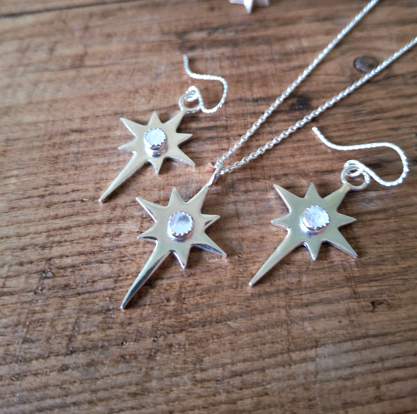 Polaris North Star Set with Moonstone - Silver Necklace and Earrings