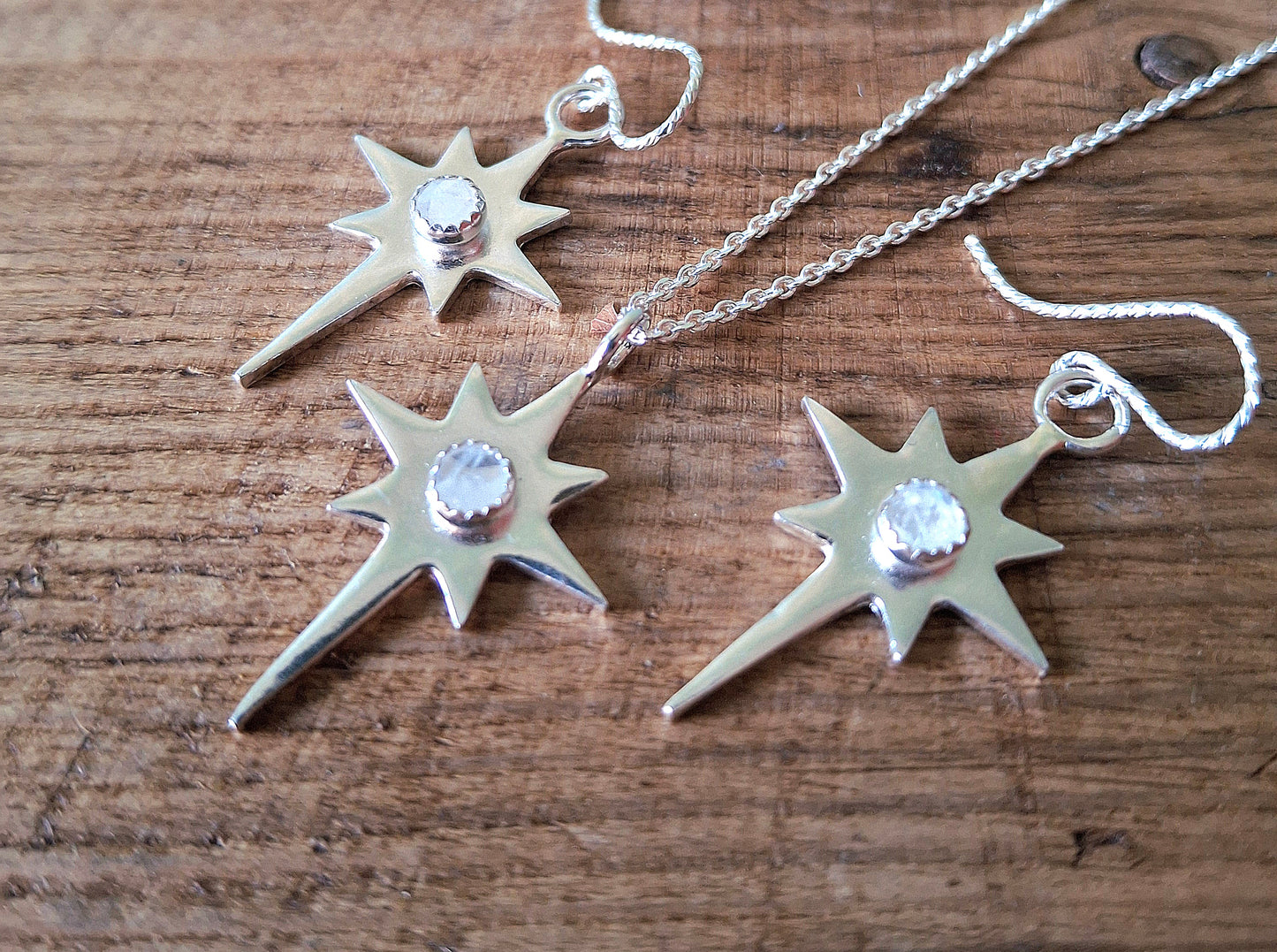 Polaris North Star Set with Moonstone - Silver Necklace and Earrings