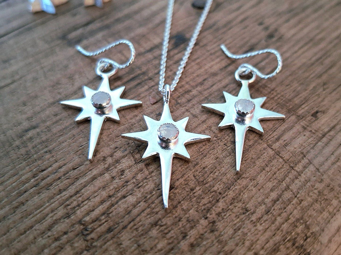 Polaris North Star Set with Moonstone - Silver Necklace and Earrings