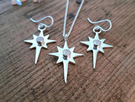 Polaris North Star Set with Moonstone - Silver Necklace and Earrings