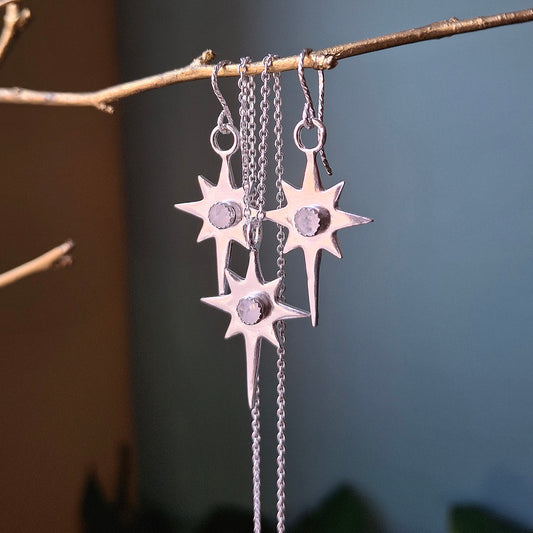 Polaris North Star Set with Moonstone - Silver Necklace and Earrings