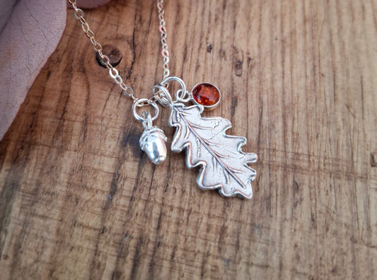 Oak Leaf Acorn & Amber Silver Necklace