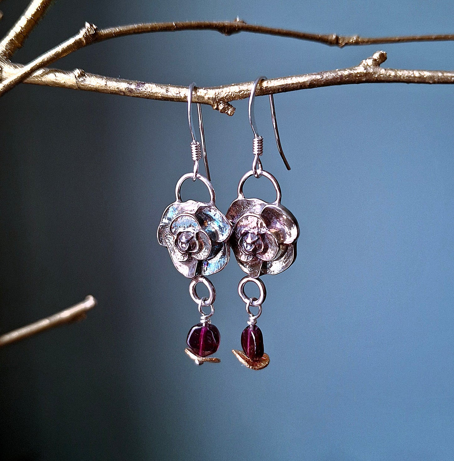 Unique Rose Earrings with colourful Patina and Garnet beads, Silver Earrings