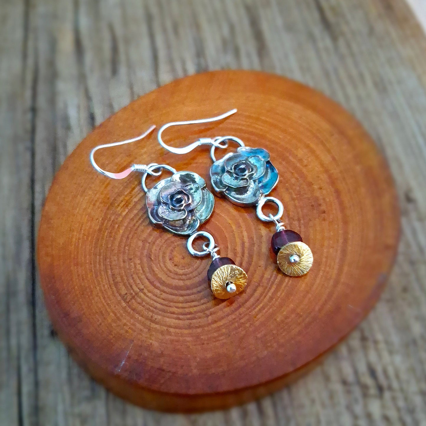 Unique Rose Earrings with colourful Patina and Garnet beads, Silver Earrings