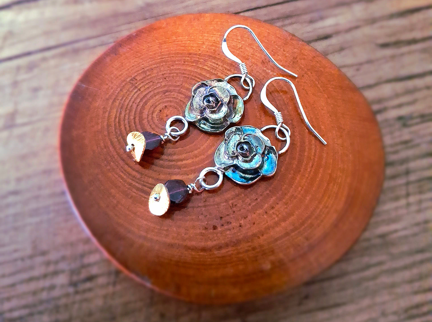 Unique Rose Earrings with colourful Patina and Garnet beads, Silver Earrings