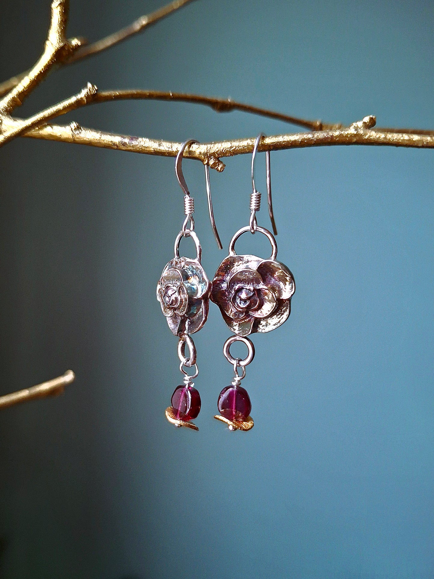 Unique Rose Earrings with colourful Patina and Garnet beads, Silver Earrings