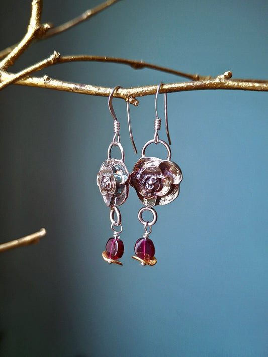 Unique Rose Earrings with colourful Patina and Garnet beads, Silver Earrings