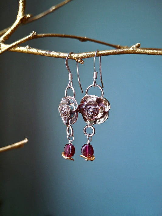 Unique Rose Earrings with colourful Patina and Garnet beads, Silver Earrings - Irmy Creations
