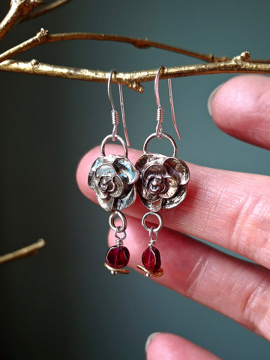 Unique Rose Earrings with colourful Patina and Garnet beads, Silver Earrings