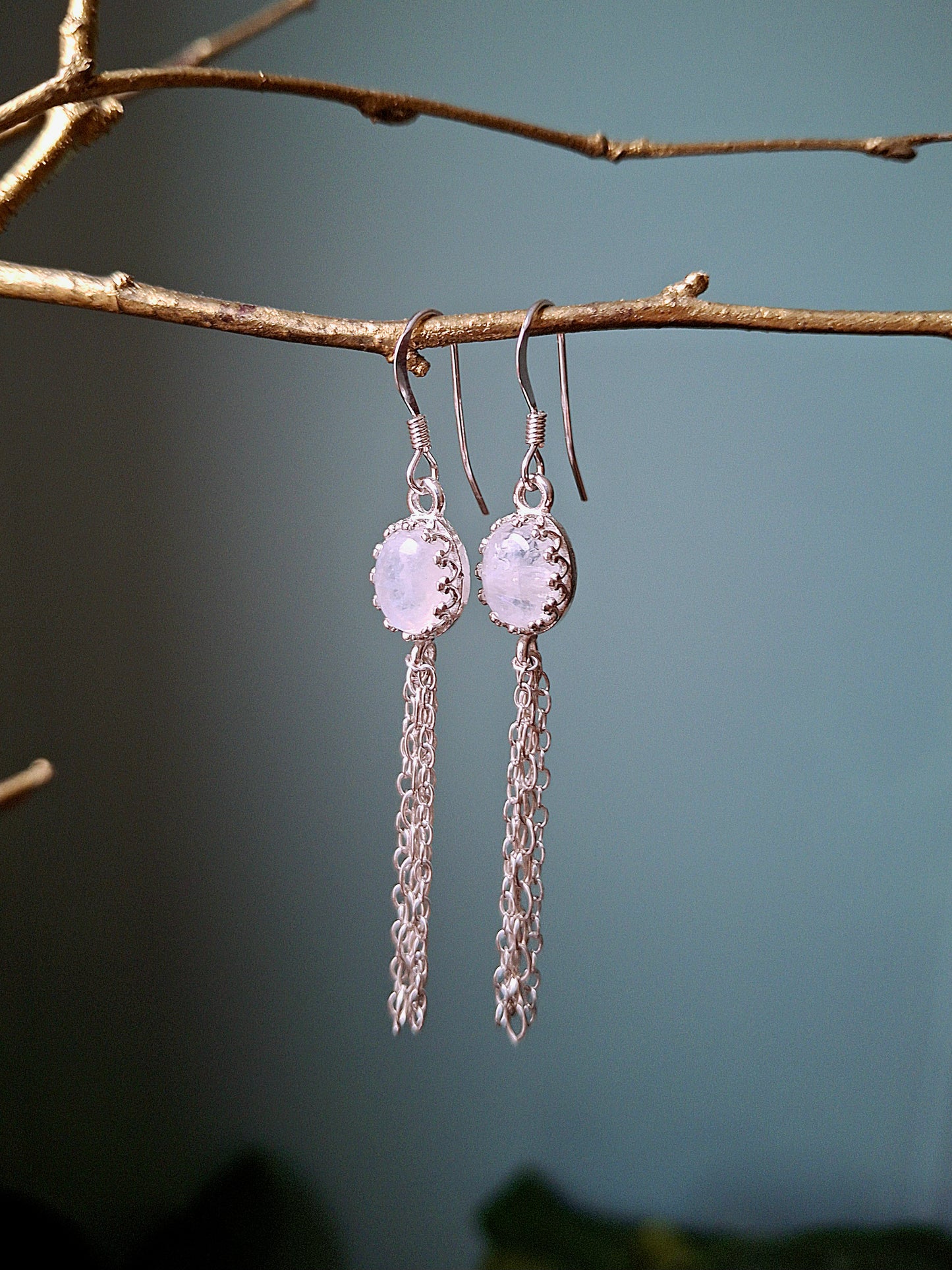 Moonstone Silver Tassel Ear Dangles, Boho Earrings