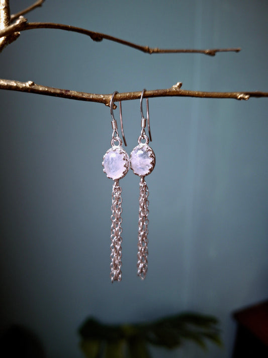 Moonstone Silver Tassel Ear Dangles, Boho Earrings - Irmy Creations
