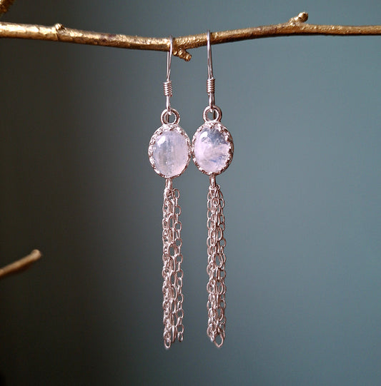 Moonstone Silver Tassel Ear Dangles, Boho Earrings