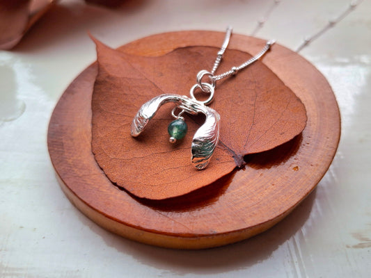 Double Sycamore Seed with Moss Agate - Silver Pendant with Necklace