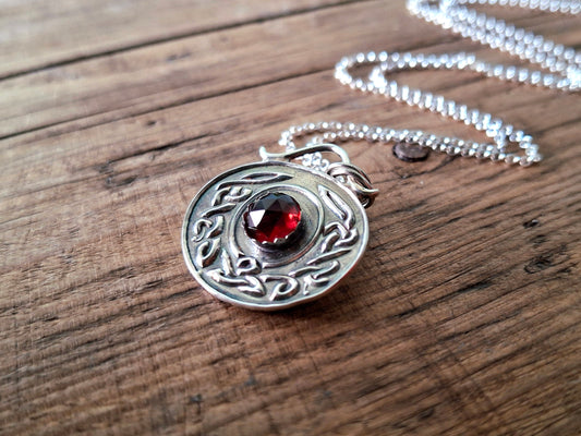 Celtic Birthstone Necklace, Garnet January - handmade round silver pendant, pagan, Irish