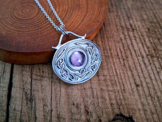 Celtic Birthstone Necklace, Amethyst February - handmade round silver pendant, pagan, Irish