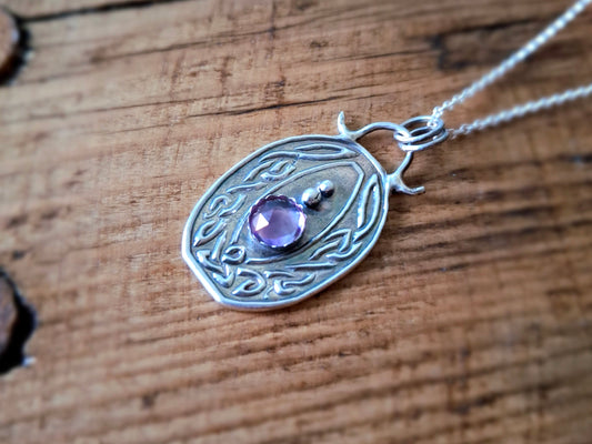 Celtic Birthstone Necklace, Amethyst February - handmade silver pendant, pagan, Irish