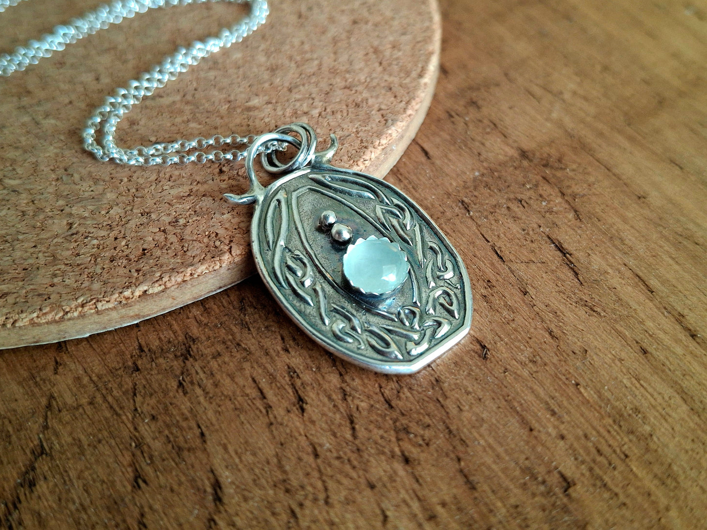 Celtic Birthstone Necklace, Aquamarine March - handmade silver pendant, pagan, Irish