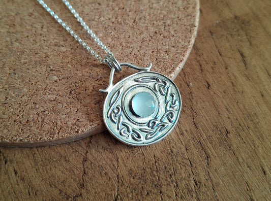 Celtic Birthstone Necklace, Aquamarine March - handmade round silver pendant, pagan, Irish