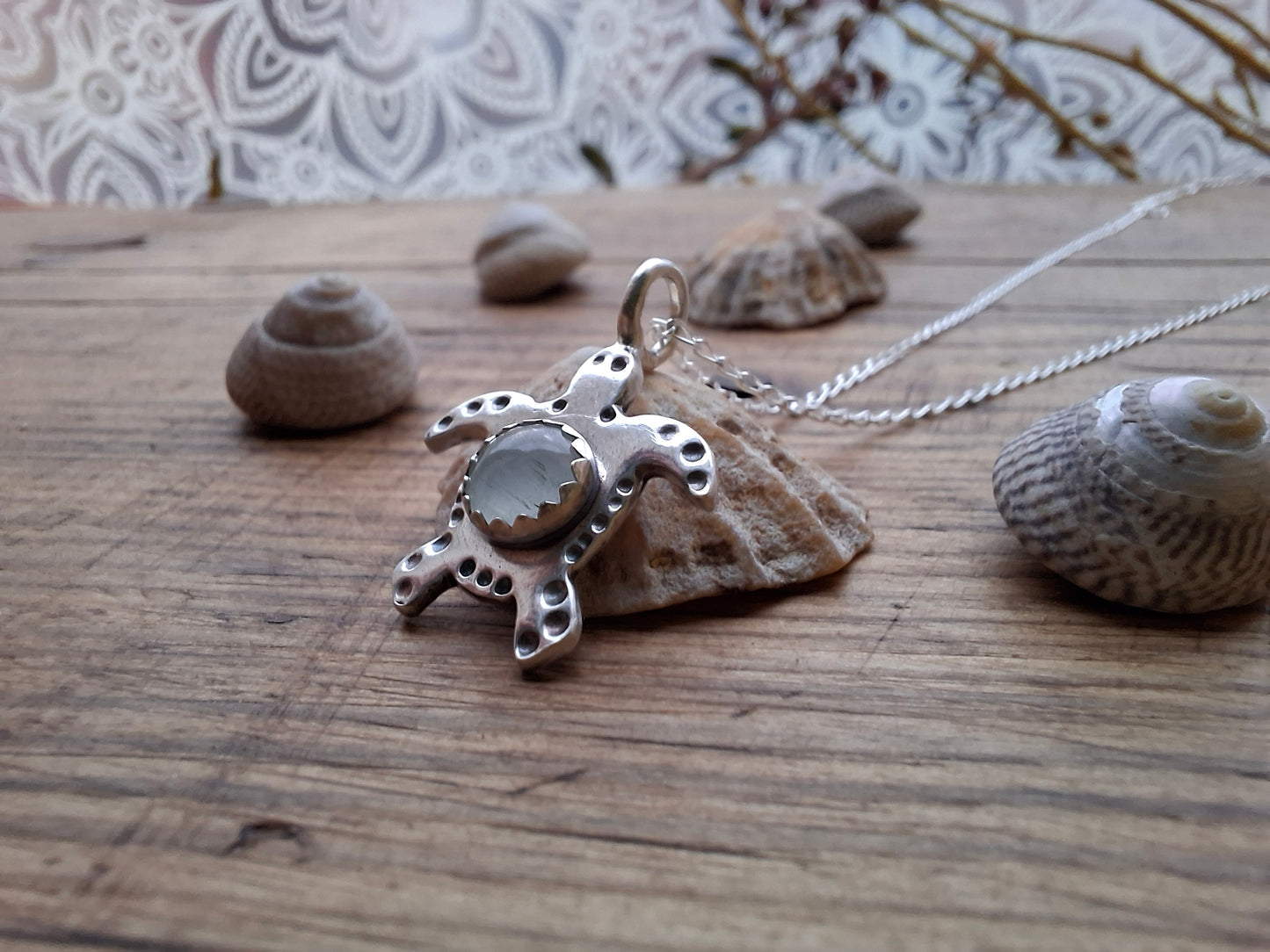 Turtle Charm Necklace with Aquamarine