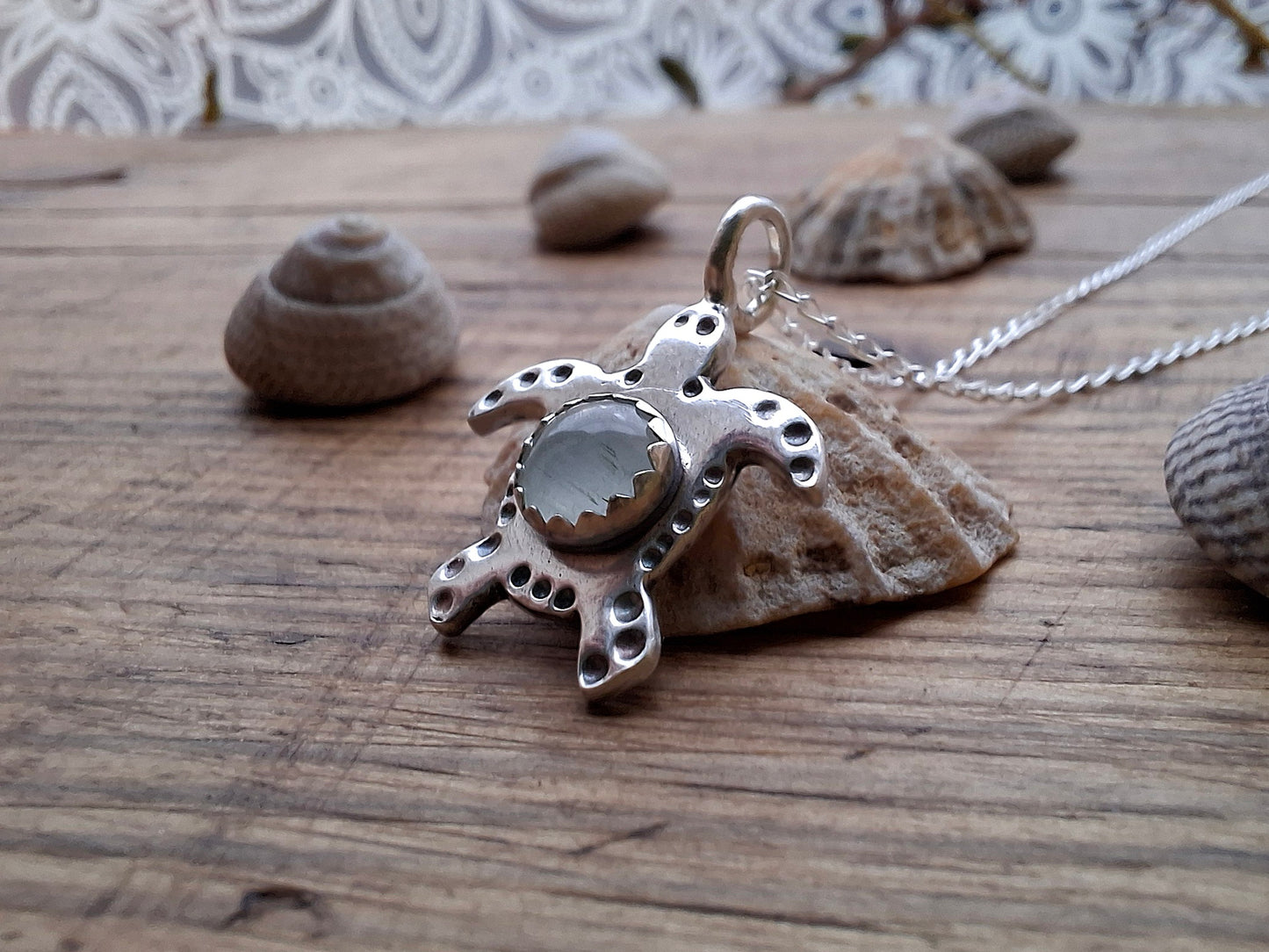 Turtle Charm Necklace with Aquamarine