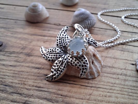 Starfish Charm Necklace with Aquamarine