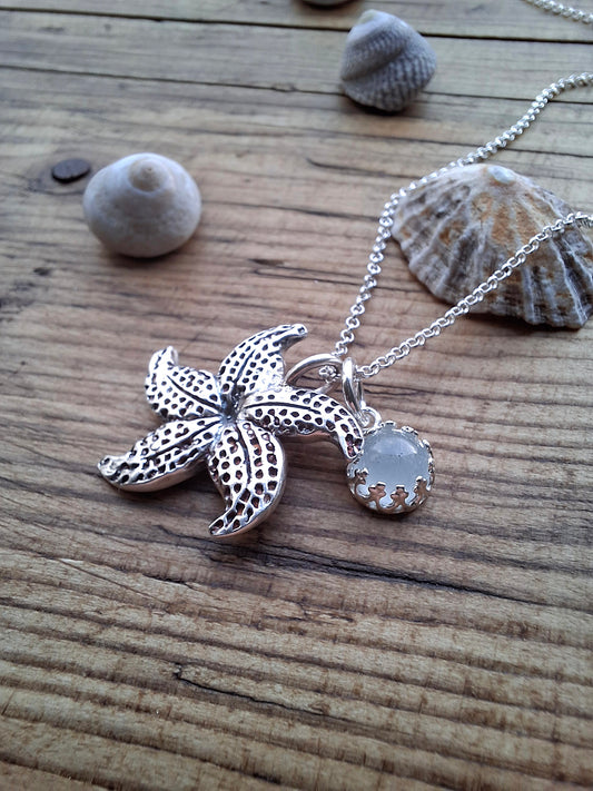 Starfish Charm Necklace with Aquamarine