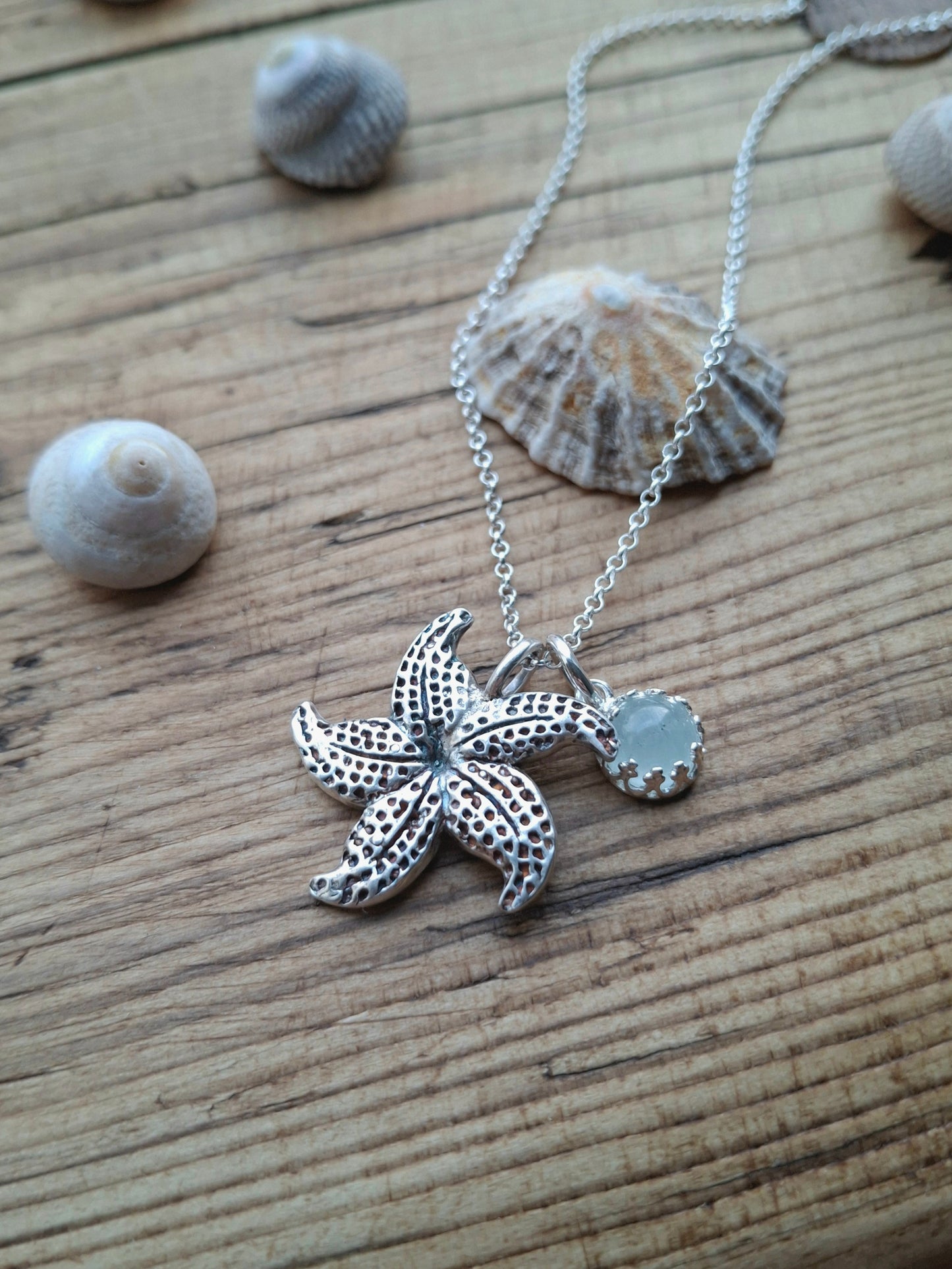 Starfish Charm Necklace with Aquamarine