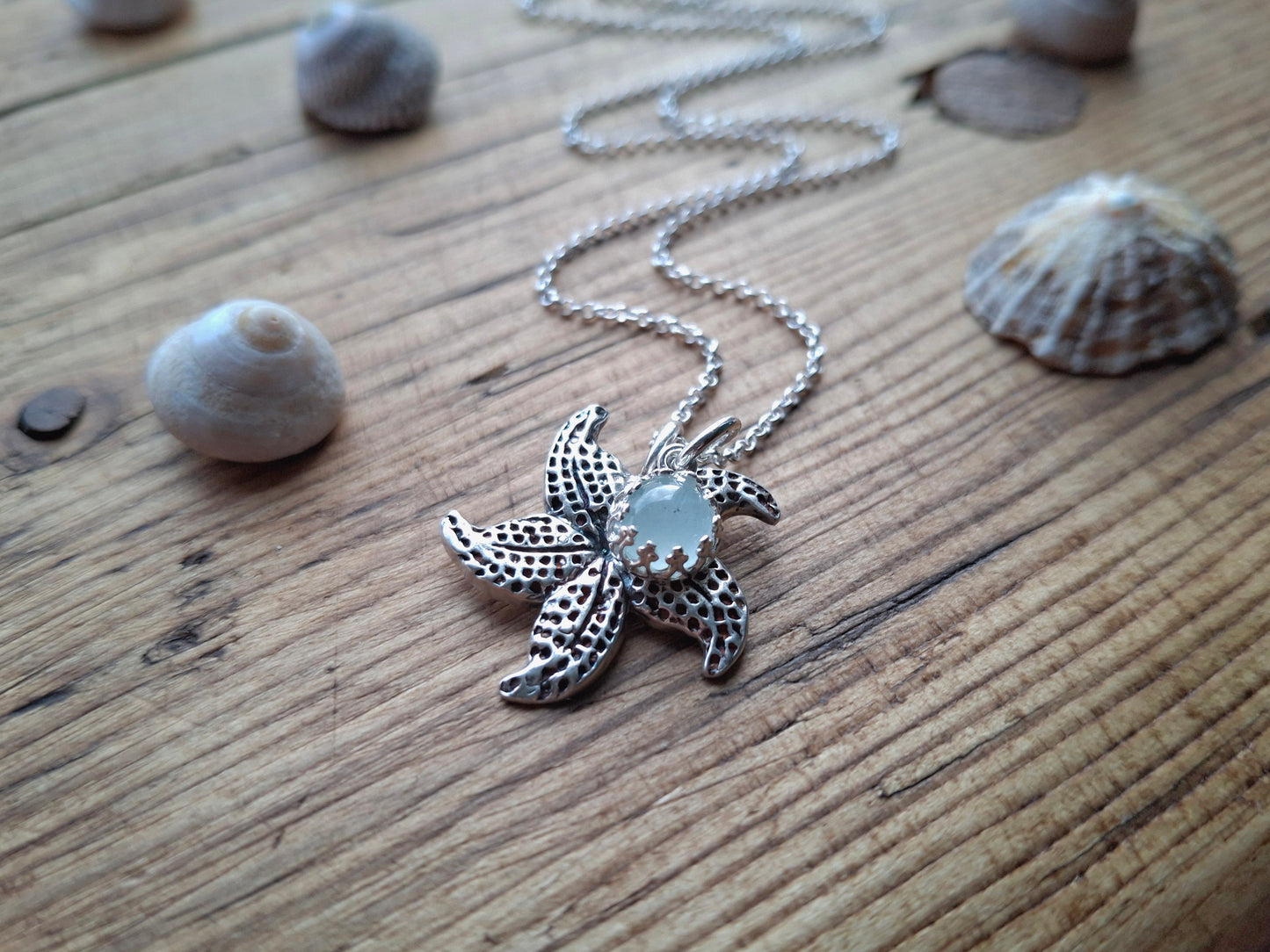 Starfish Charm Necklace with Aquamarine