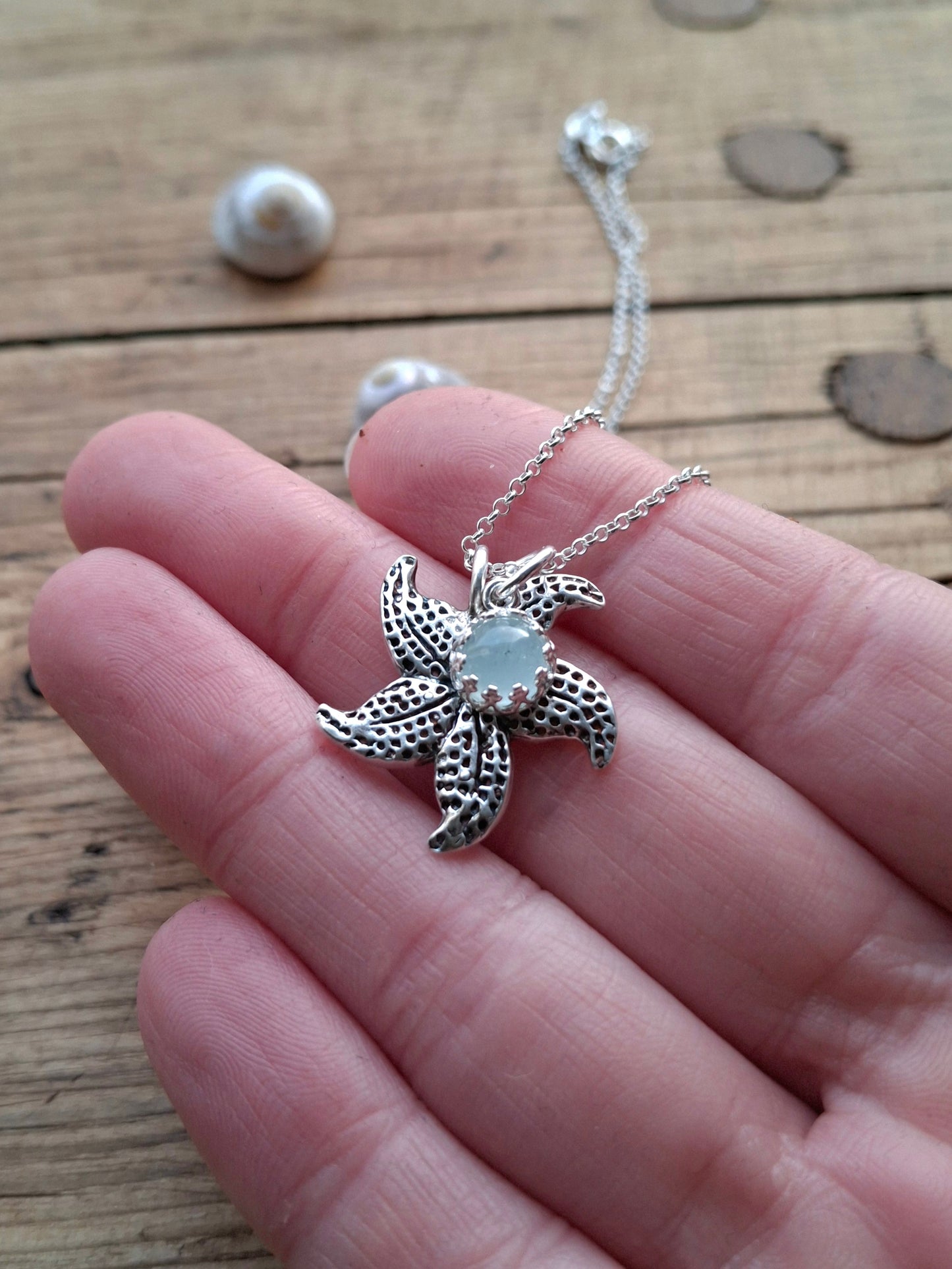 Starfish Charm Necklace with Aquamarine