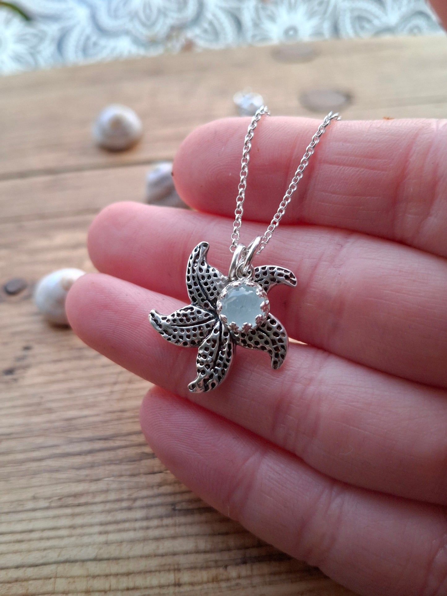 Starfish Charm Necklace with Aquamarine