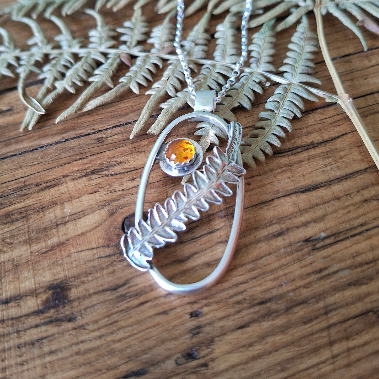 Real Fern Leaf Frame Pendant - Silver Necklace with Amber