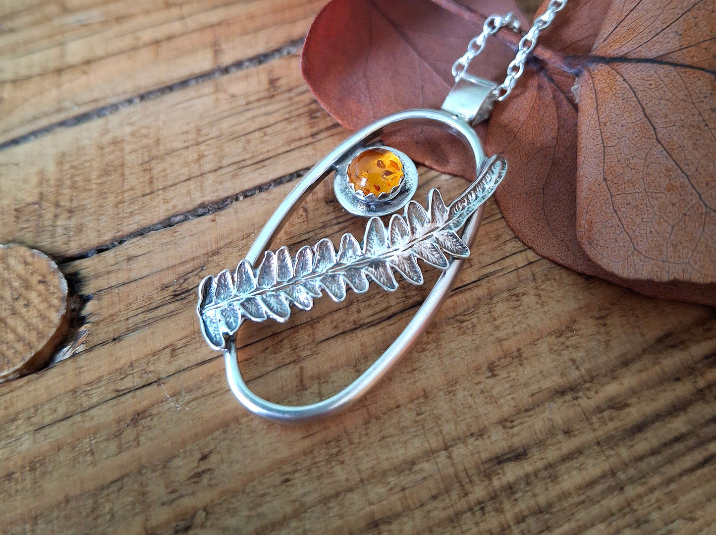 Real Fern Leaf Frame Pendant - Silver Necklace with Amber