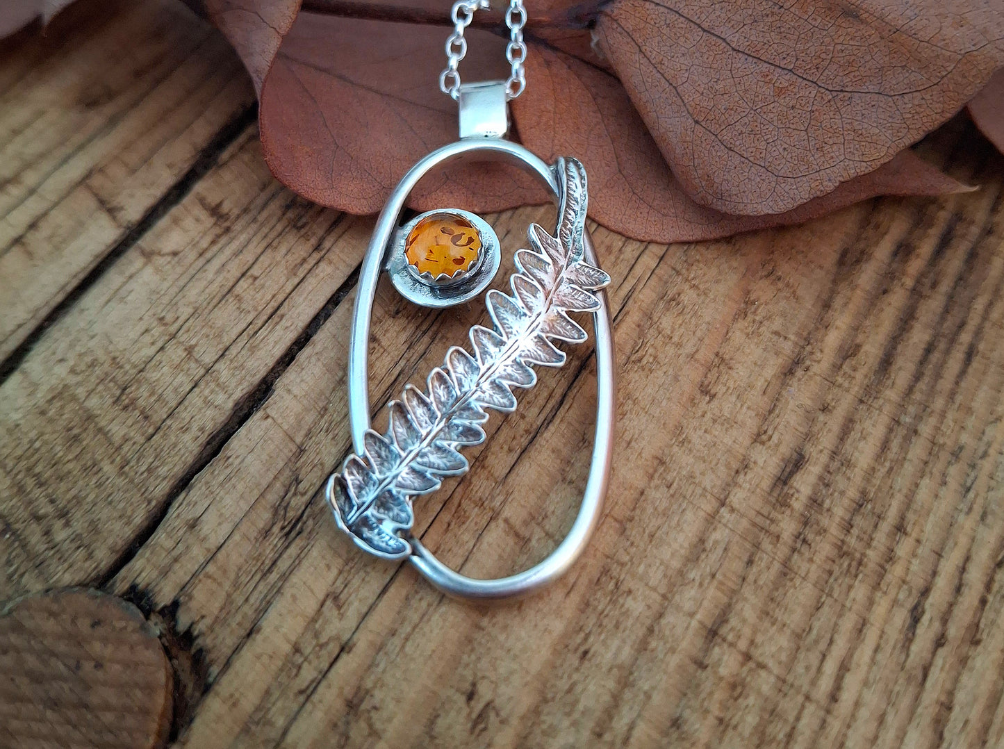 Real Fern Leaf Frame Pendant - Silver Necklace with Amber