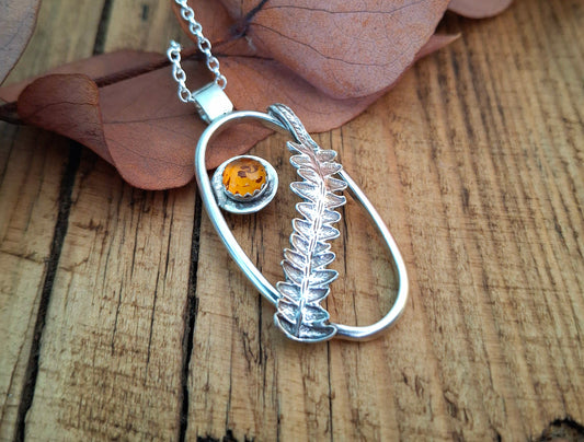 Real Fern Leaf Frame Pendant - Silver Necklace with Amber