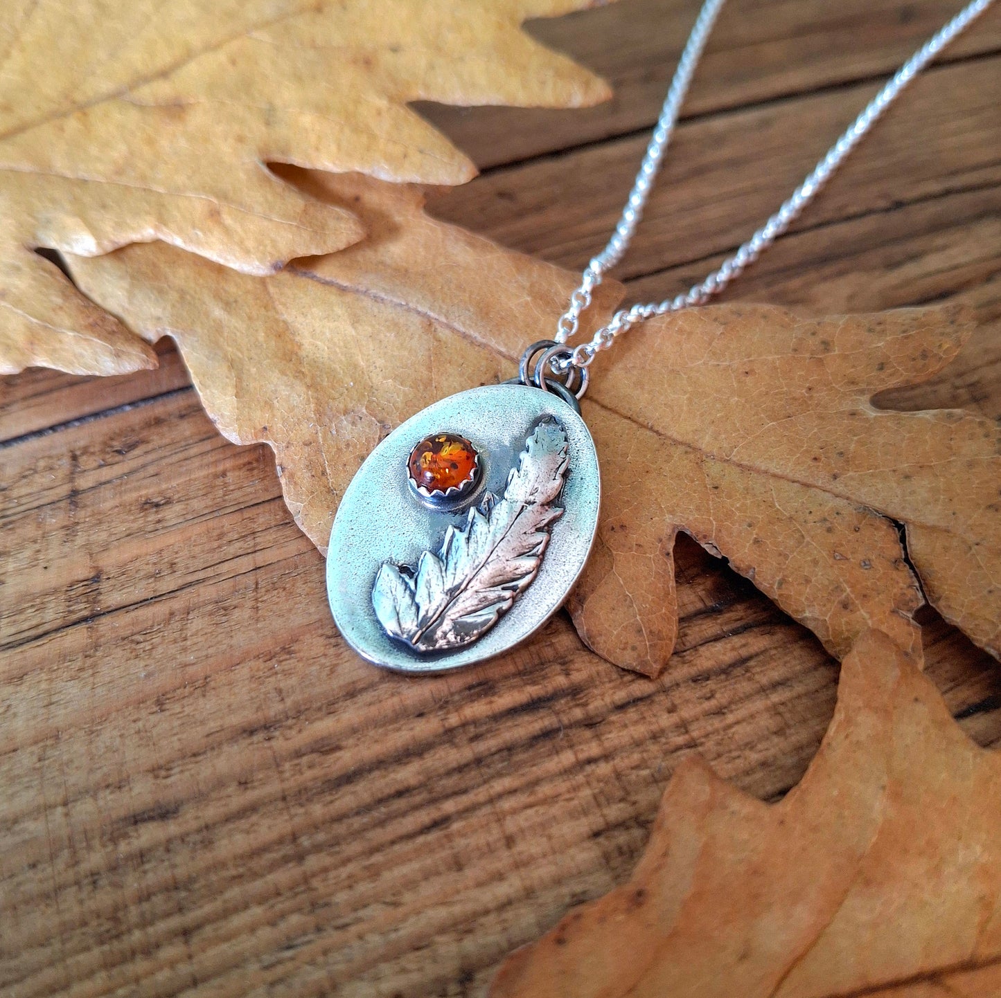 Real Fern Leaf with Amber, Oval Pendant Necklace