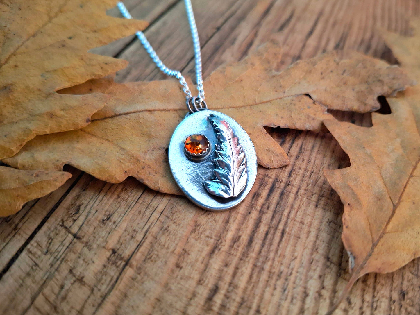 Real Fern Leaf with Amber, Oval Pendant Necklace