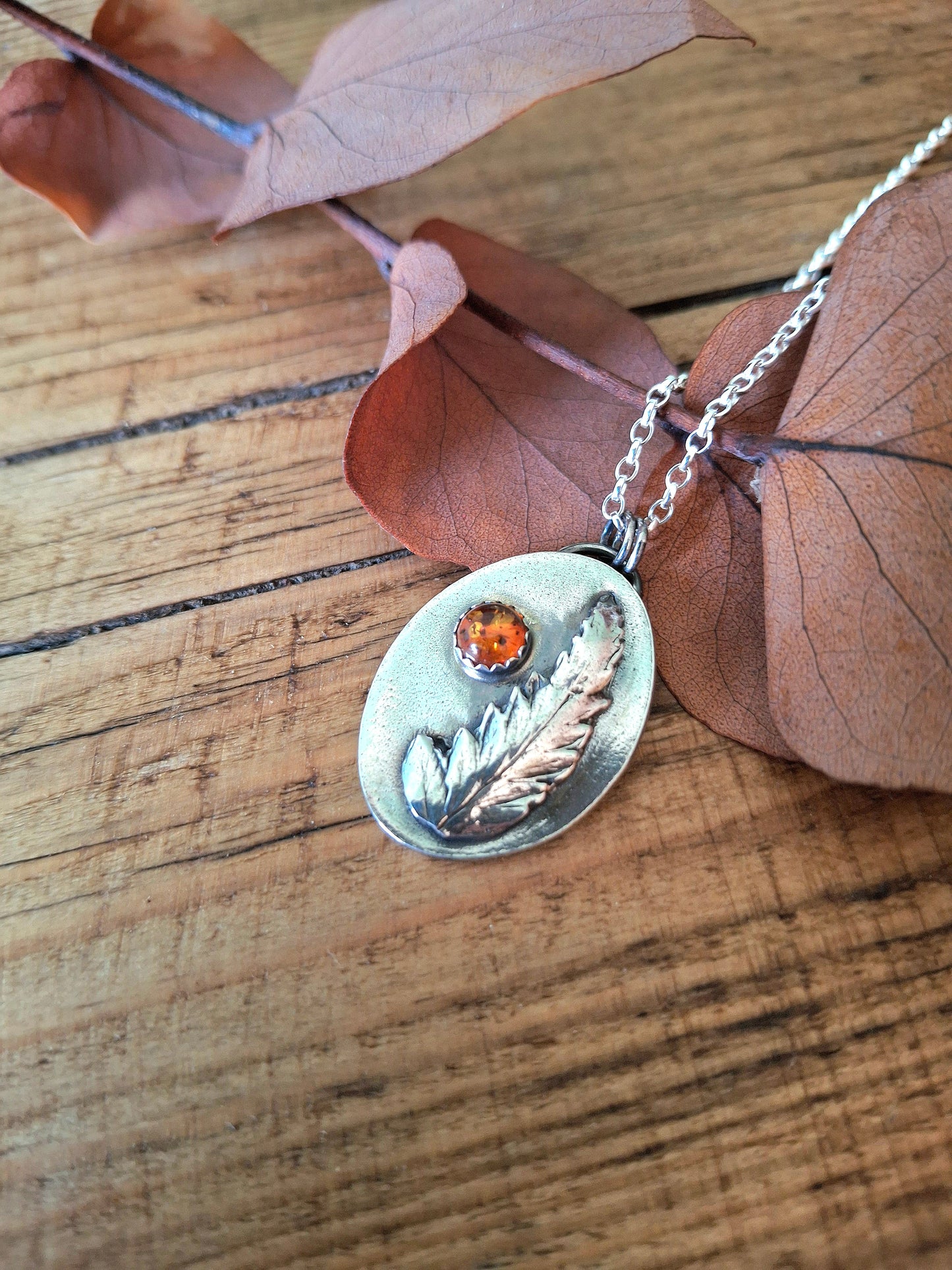 Real Fern Leaf with Amber, Oval Pendant Necklace