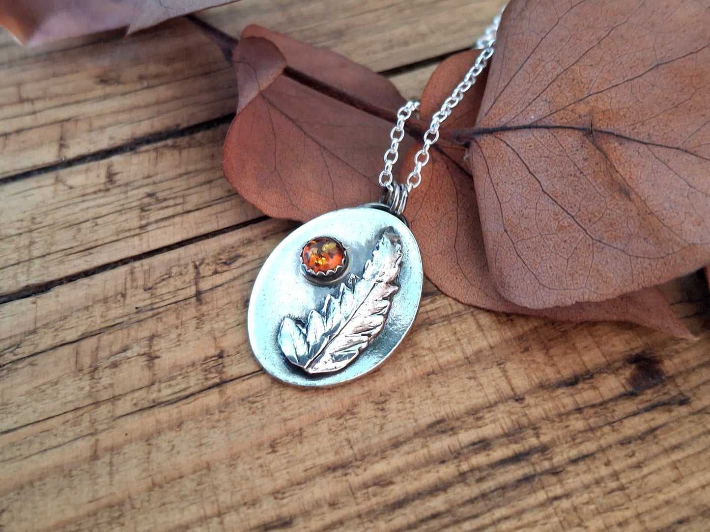 Real Fern Leaf with Amber, Oval Pendant Necklace