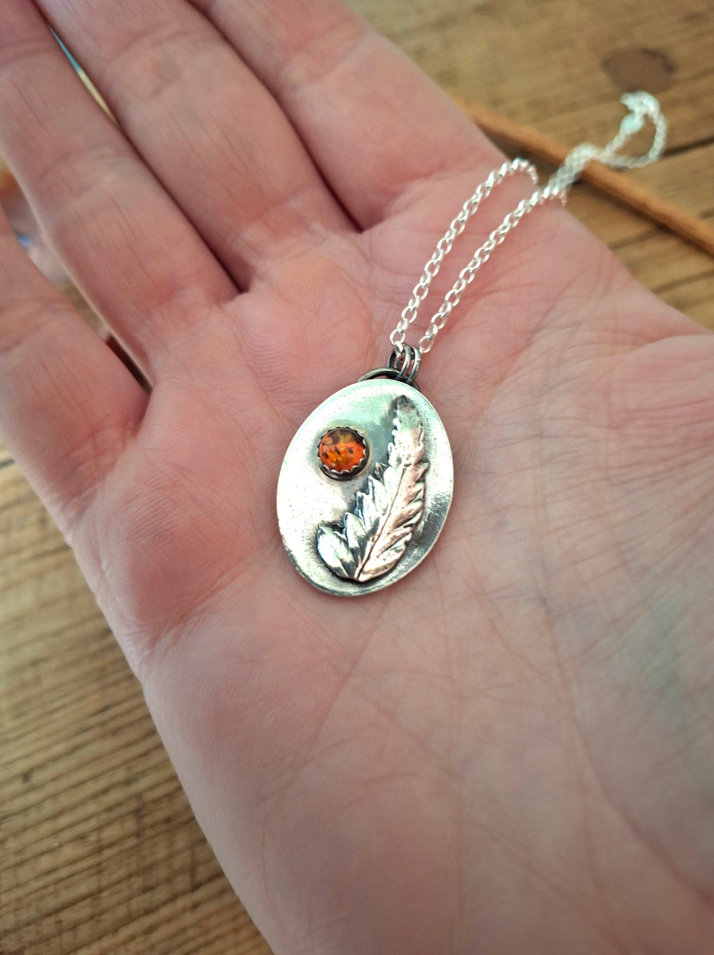 Real Fern Leaf with Amber, Oval Pendant Necklace