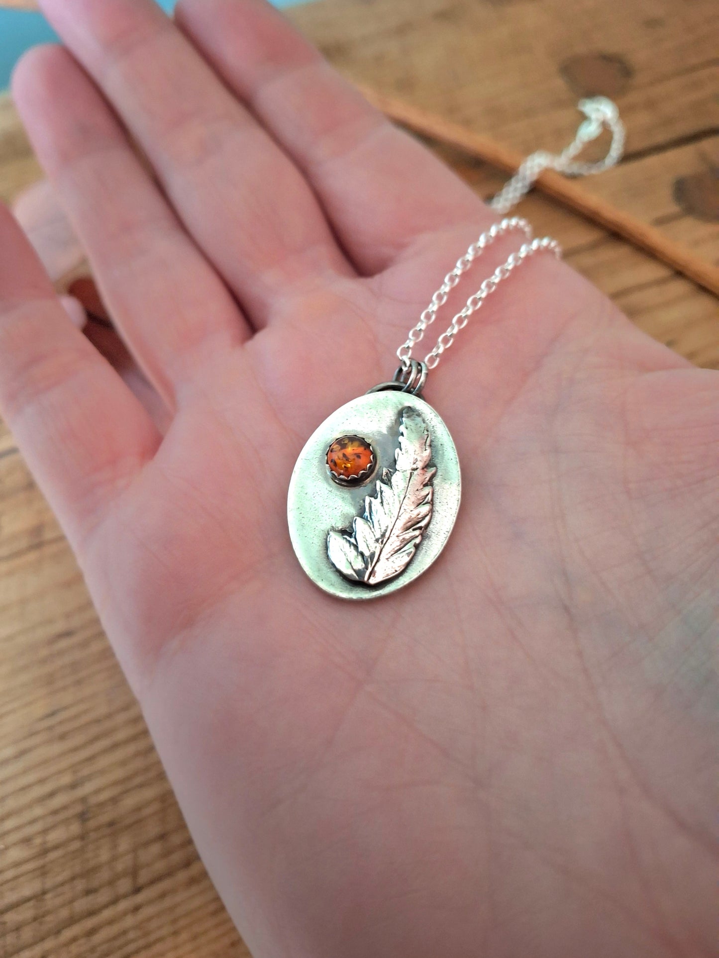 Real Fern Leaf with Amber, Oval Pendant Necklace