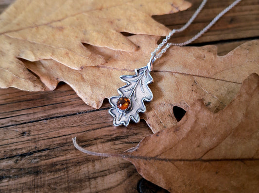 Oak Leaf with Amber, Silver Necklace