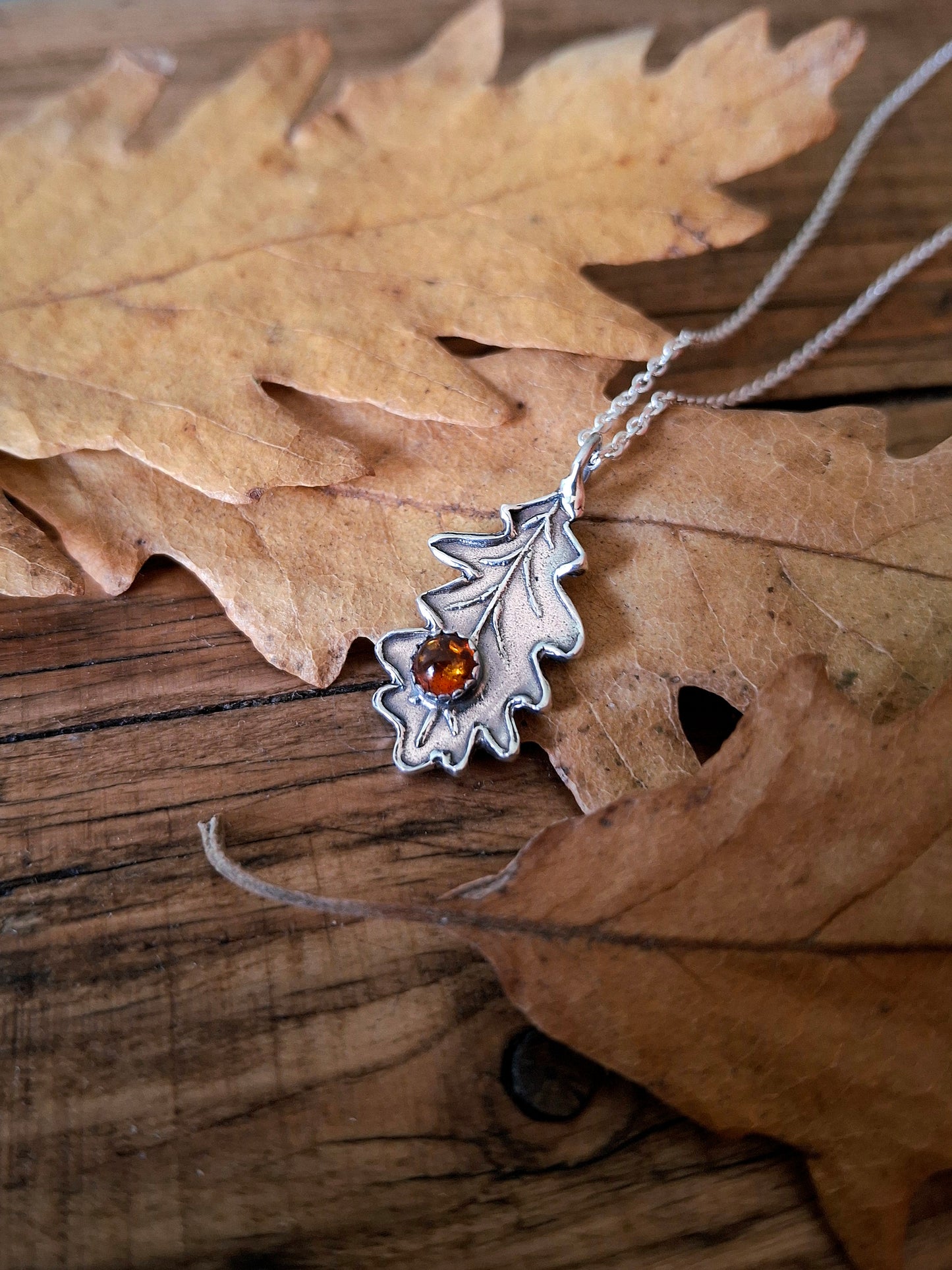 Oak Leaf with Amber, Silver Necklace