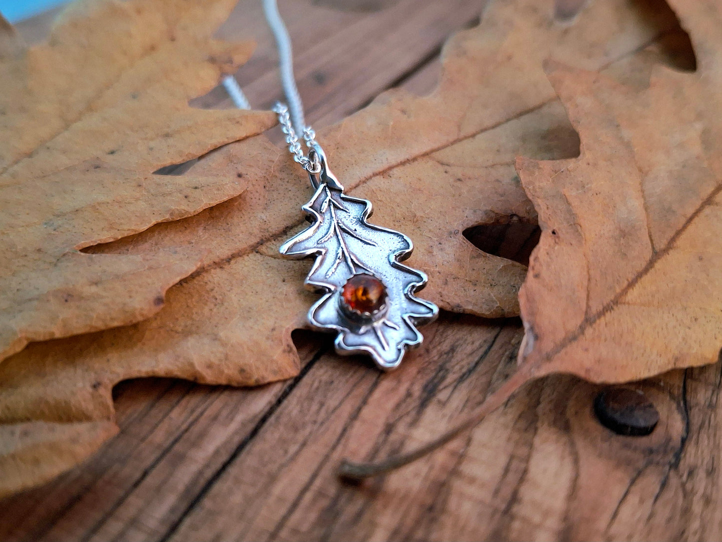 Oak Leaf with Amber, Silver Necklace