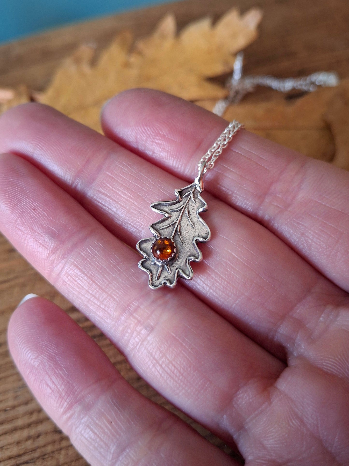 Oak Leaf with Amber, Silver Necklace